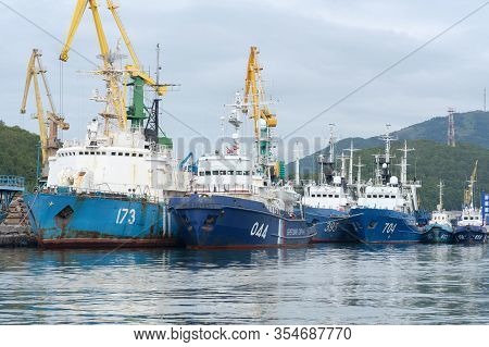 Group Of Warships Coast Guard Of Border Guard Service Of Russian Fsb Anchored At Pier In Petropavlov