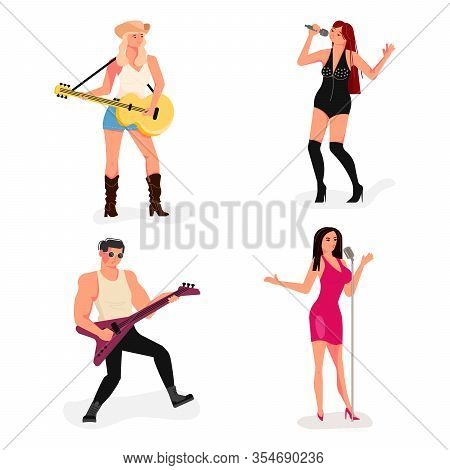 Set Of Diversity Of Singers Musicians Isolated On White. Bundle Of Male Female Music Artists In Diff