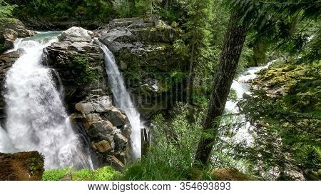 Wide View Of Nooksack Falls And River In Washington State