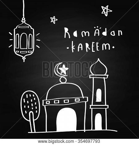 Illustration Of Ramadan Kareem Or Eid Mubarak, Mosque Hand Drawing, Greeting Card Wishes Holy Month 
