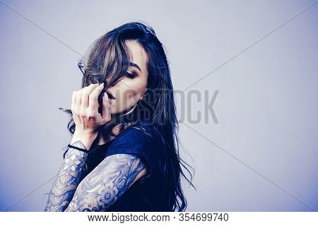 American Latinos Woman. Sexy Brutal Girl With Tattoo. Stylish Woman - Casual Clothing. Beautiful Att