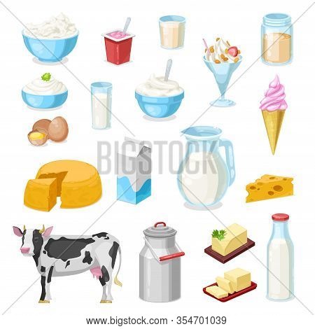 Milk Products, Vector Icons Of Dairy Farm Food. Cheese, Butter, Yogurt Glass Bottle And Cream Jug, C