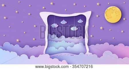 Night Sky Clouds Frame Like Pillow In Paper Cut Style. Cut Out 3d Background With Violet And Blue Gr