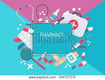 Medicine vector illustration. Pharmacy background, pharmacy desing, pharmacy templates. Medicine, pharmacy, hospital set of drugs with labels. Medication, pharmaceutics concept. Different medical pills and bottles. Big set of medical equipment and pharmac