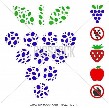 Dot Mosaic Based On Grapes. Mosaic Vector Grapes Is Designed With Random Oval Items. Bonus Icons Are