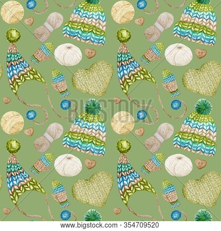 Watercolor Painted Knitted Winter Woolen Clothes Seamless Pattern. Mitten, Cap With Pompon. Hand Dra
