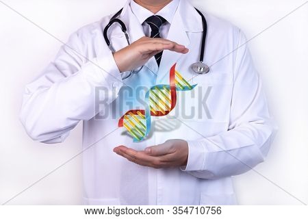 A Doctor With A Stethoscope Holds His Hands As A Symbol Of Protection. Doctor Using Genetic Engineer