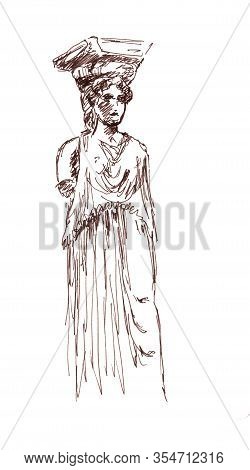 Graphic Black And White Drawing Of A Caryatid In A Tunic
