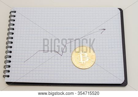 Notebook With Growing Hand-drawn Graph And Coins With Bitcoin Sign