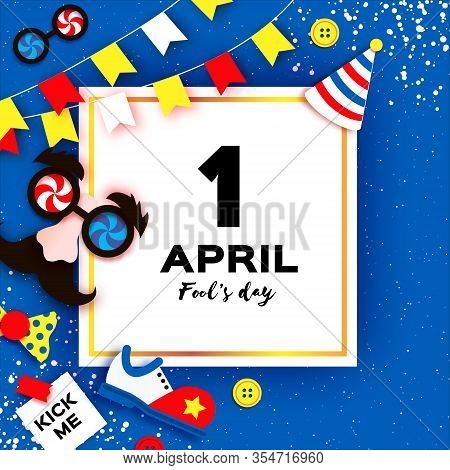 1 April Fools Day. Funny Crazy Mask Glasses. Kick Me Prank Paper Sticker. Clown Shoes And Bow In Pap