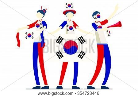 Crowd Of Persons Celebrate National Day Of South Korea With A Flag. Korean People Celebrating A Foot
