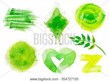 Set Of Fresh Green Hand Drawn Watercolor Design Banners, Heart, Stains, Dabs, Branch, Circle, Rhomb 