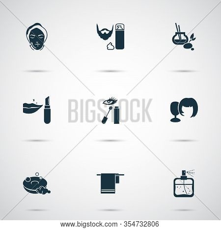Glamour Icons Set With Soap, Wig, Cologne Spray And Other Cosmetology Elements. Isolated Vector Illu