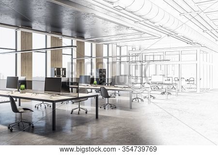 Drawing Office Interior Hall With Computers And City View. Workplace And Lifestyle Concept. 3d Rende