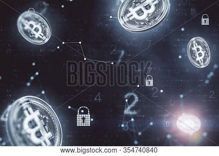 Flying Bitcoin Icon On Dark Background. Cryptocurrency And Payment Concept. 3d Rebdering