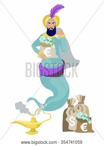 Jinn Flies Out Of The Lamp, In The Hands Of Wealth, Money, Dollars. In Minimalist Style. Cartoon Fla