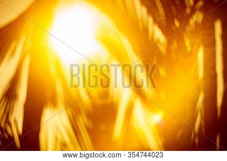 Copy Space Of Blur Palm Leaf Tree On Sunset Sky With Bokeh Sun Ligth Abstract Texture Background.