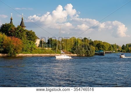 Moscow Area / Russia - August 31, 2019: Sailing Boat And Boat Floating On Moscow Canal On A Summer E