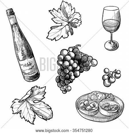 Georgian Wine Culture Seamless Pattern. Wine Bottle And Glass, Grapevine Leaves And Berries Clasters