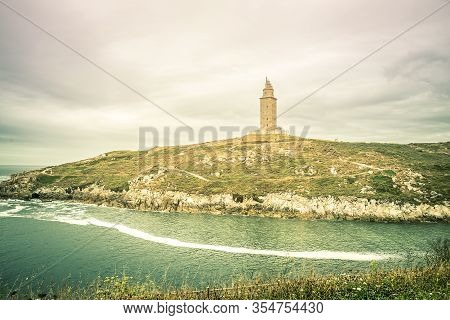 A Coruna, Spain - July 25, 2019: Tower Of Hercules In A Coruna Is The Only Roman Lighthouse And The 