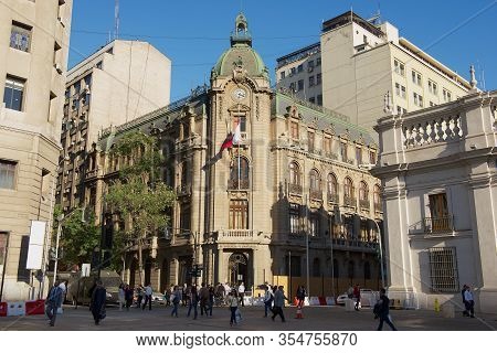 Santiago, Chile- October 16, 2013: Exterior Of The Intendencia Colonial Architecture Building At Pla