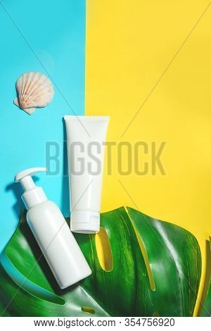 Sunprotection Objects, Suscreen. Flat Lay, Natural Cosmetics, Cream Spf For Face And Body. Summer Tr