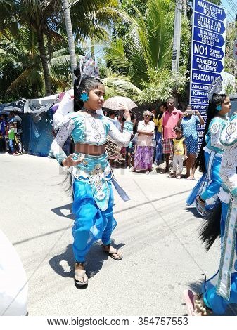 Carnival In Poya Day On The Streets Of Mirissa. Dressed People Celebrating Poya Day. March, 9, 2020,