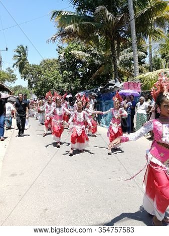 Carnival In Poya Day On The Streets Of Mirissa. Dressed People Celebrating Poya Day. March, 9, 2020,