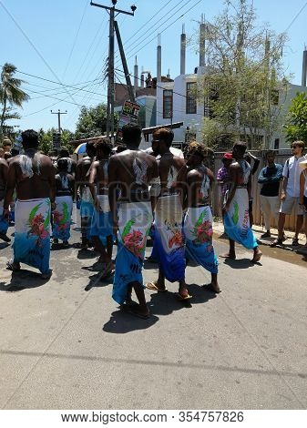 Carnival In Poya Day On The Streets Of Mirissa. Dressed People Celebrating Poya Day. March, 9, 2020,
