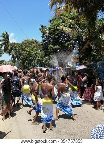 Carnival In Poya Day On The Streets Of Mirissa. Dressed People Celebrating Poya Day. March, 9, 2020,