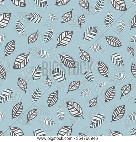 Vector Grey Leafs On Blue Seamless Pattern Print Background.