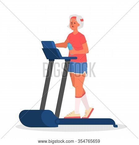 Old Woman In The Gym. Senior Training On Treadmill. Fitness Program