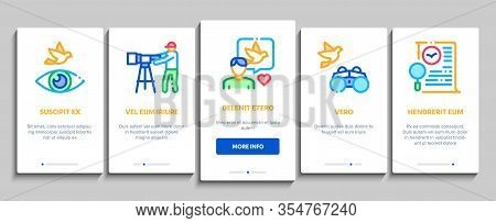 Bird Watching Tourism Onboarding Mobile App Page Screen Vector. Bird Watching Photo Camera And Binoc
