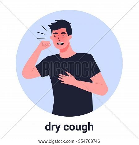 Sick Man Having Dry Cough. Male Person With Asthma, Allergy