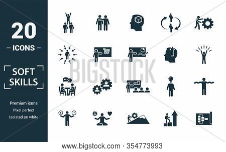 Soft Skills Icon Set. Include Creative Elements Team Spirit, Personality, Self-promotion, Motivating