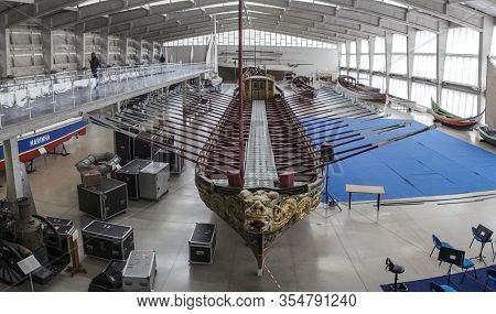 Lisbon, Portugal - March The 1st, 2020: Navy Museum, Lisbon, Portugal. Galleys Room. Royal Brigantin