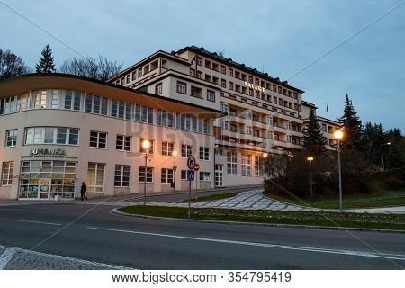 Luhacovice, Czechia - November 16, 2019: Luxurious Hotel Palace And Luhanka In Czech Luhacovice Spa 
