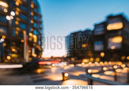 Oslo, Norway. Night Abstract Boke Bokeh Background Effect. Residential Multi-storey Houses In Aker B