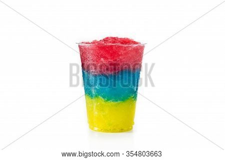 Colorful Slushie Of Differents Flavors With Straw In Plastic Cup Isolated On White Background