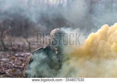 Soldier In Gas Mask Getting Smoked By A Smoke Bomb