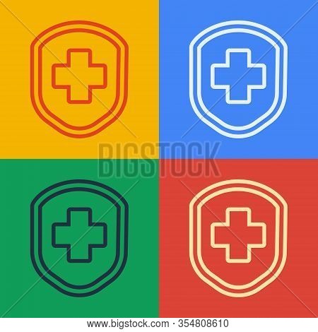 Pop Art Line Medical Shield With Cross Icon Isolated On Color Background. Protection, Safety, Passwo