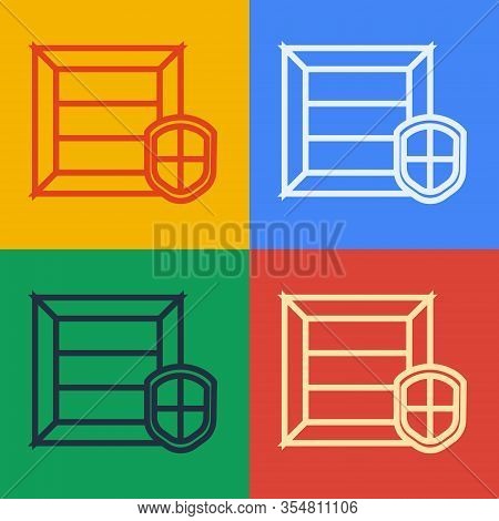 Pop Art Line Delivery Pack Security With Shield Icon Isolated On Color Background. Delivery Insuranc