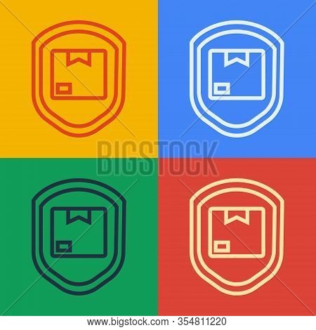 Pop Art Line Delivery Pack Security With Shield Icon Isolated On Color Background. Delivery Insuranc