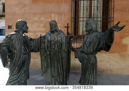 Elche, Spain - September 20, 2018:placa De Santa Maria Around Basilica Santa Maria, Bronze Sculpture