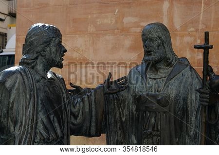 Elche, Spain - September 20, 2018:placa De Santa Maria Around Basilica Santa Maria, Bronze Sculpture