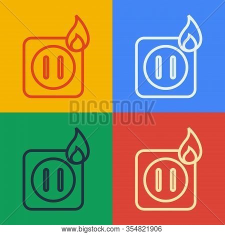 Pop Art Line Electric Wiring Of Socket In Fire Icon Isolated On Color Background. Electrical Safety 