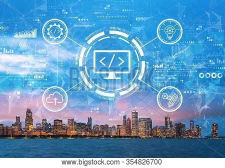 Web Development Concept With Downtown Chicago Cityscape Skyline With Lake Michigan