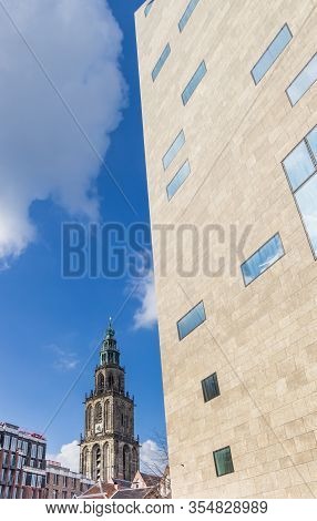 Groningen, Netherlands - March 07, 2020: Facade Of The Forum Building And Church Tower In Groningen,