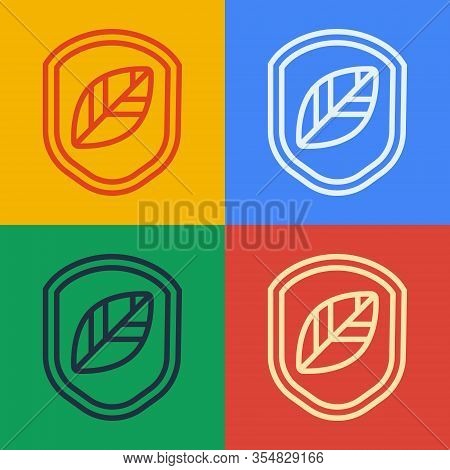 Pop Art Line Shield With Leaf Icon Isolated On Color Background. Eco-friendly Security Shield With L