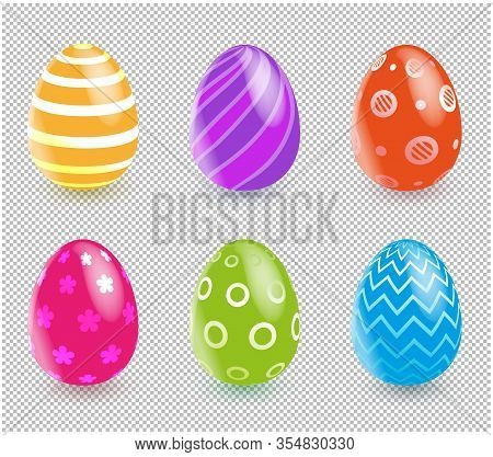 Mulsticolored Easter Eggs With Shadow On Transparent Background. Set Of Multicolored Eggs.